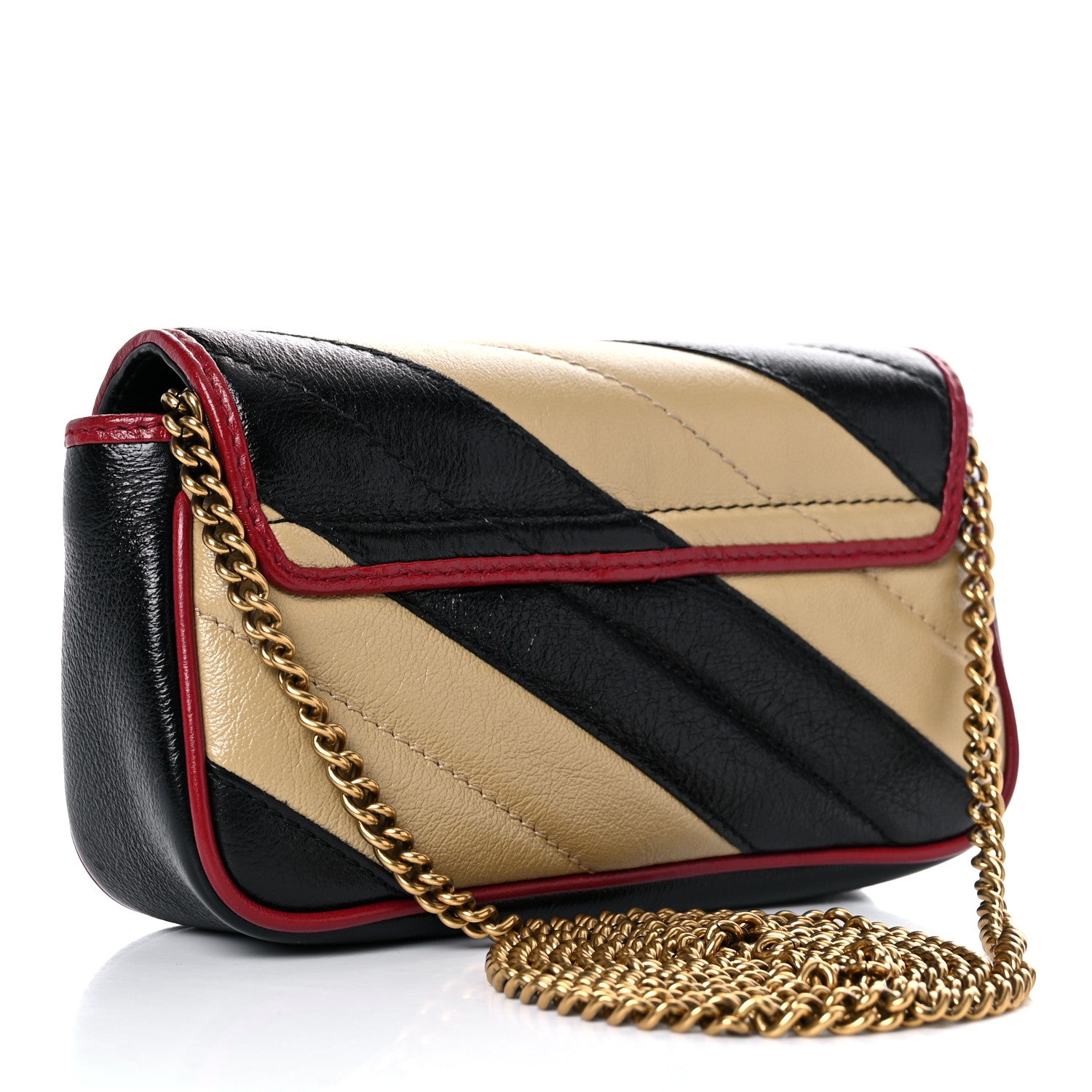 Gucci Vintage Effect Calfskin Matelasse Diagonal Striped Super Mini Torchon GG Marmont Shoulder Bag Black Beige 3 of 13