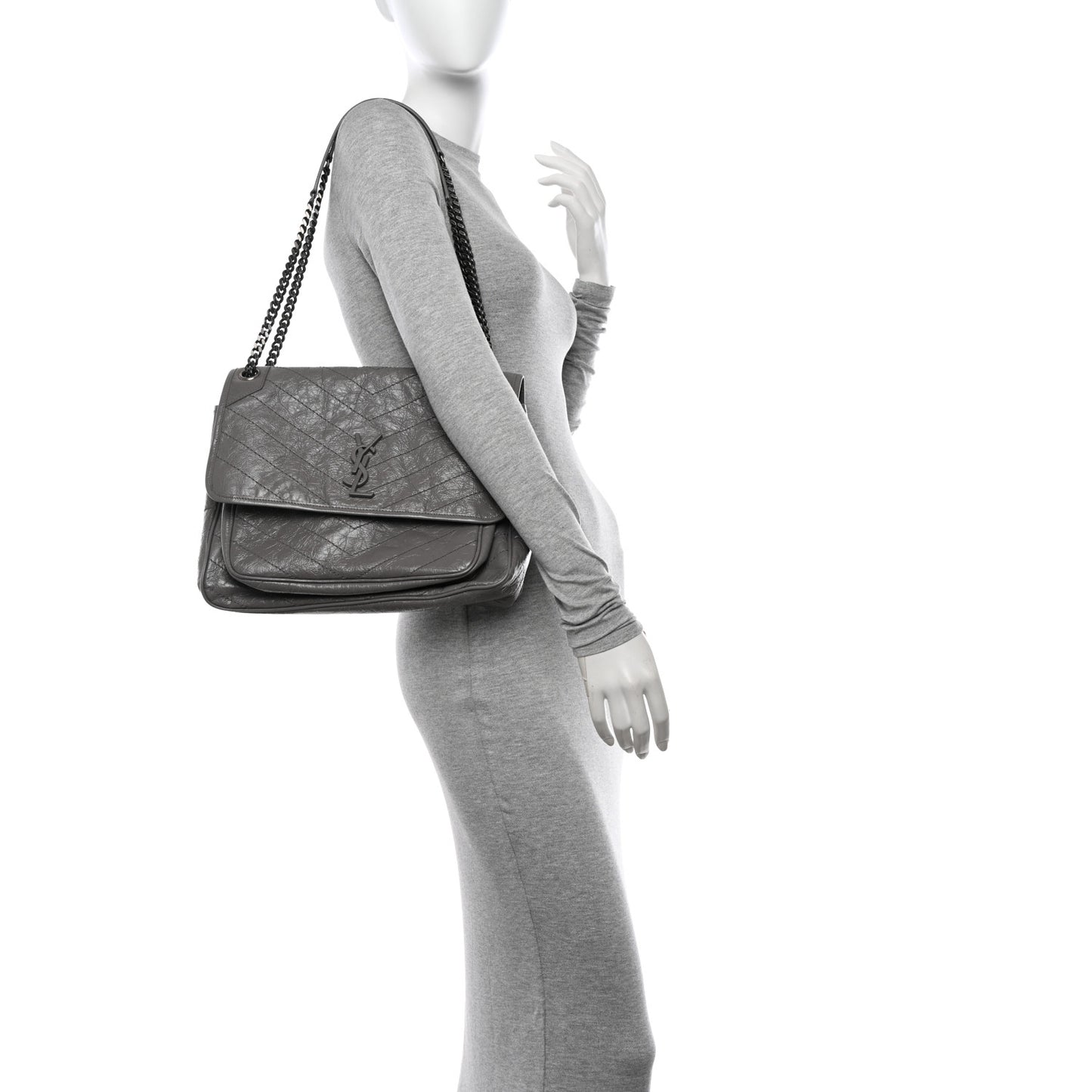 Crinkled Calfskin Matelasse Monogram Large Niki Chain Satchel Fog