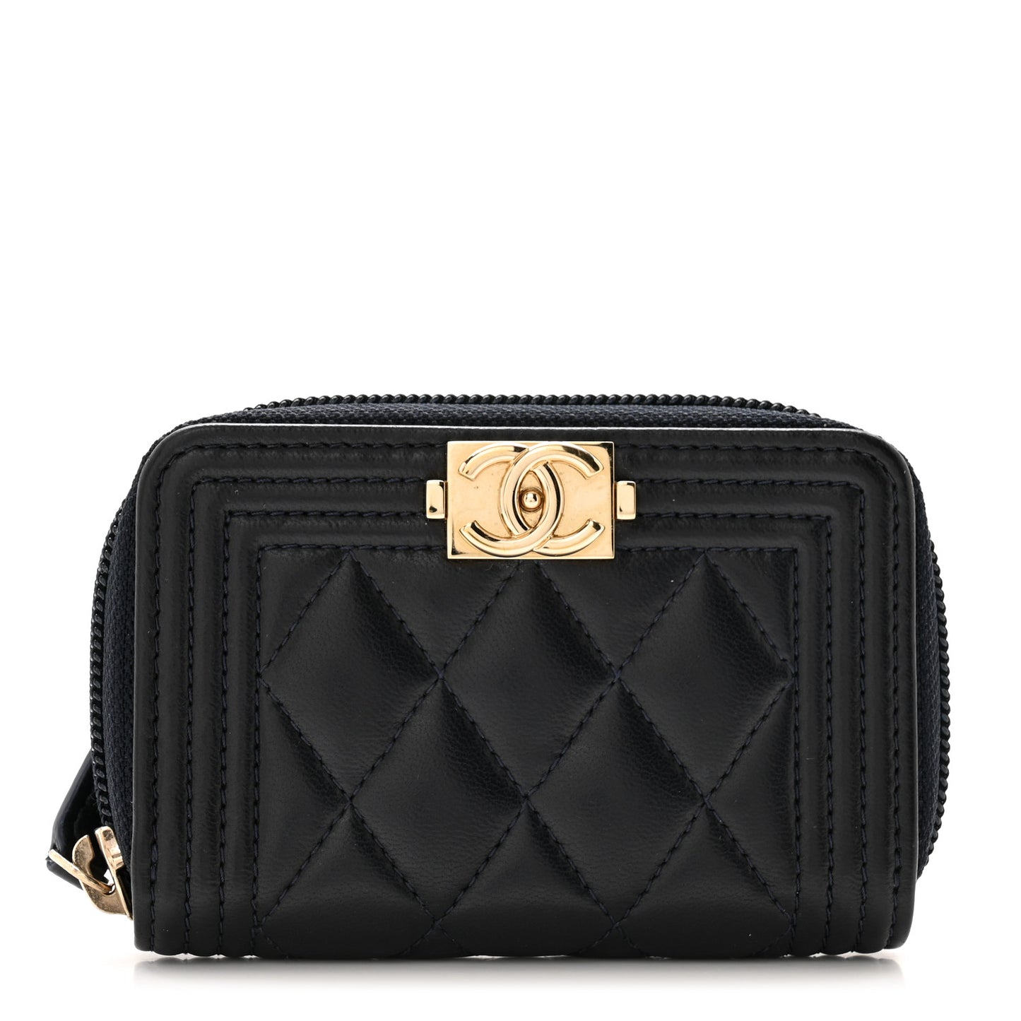 Lambskin Quilted Zip Around Boy Coin Purse Wallet Navy