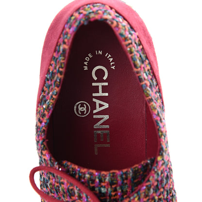 Chanel Tweed Calfskin Pearl Lace Up Sneakers 38 Fuchsia Orange Green Red 7 of 9