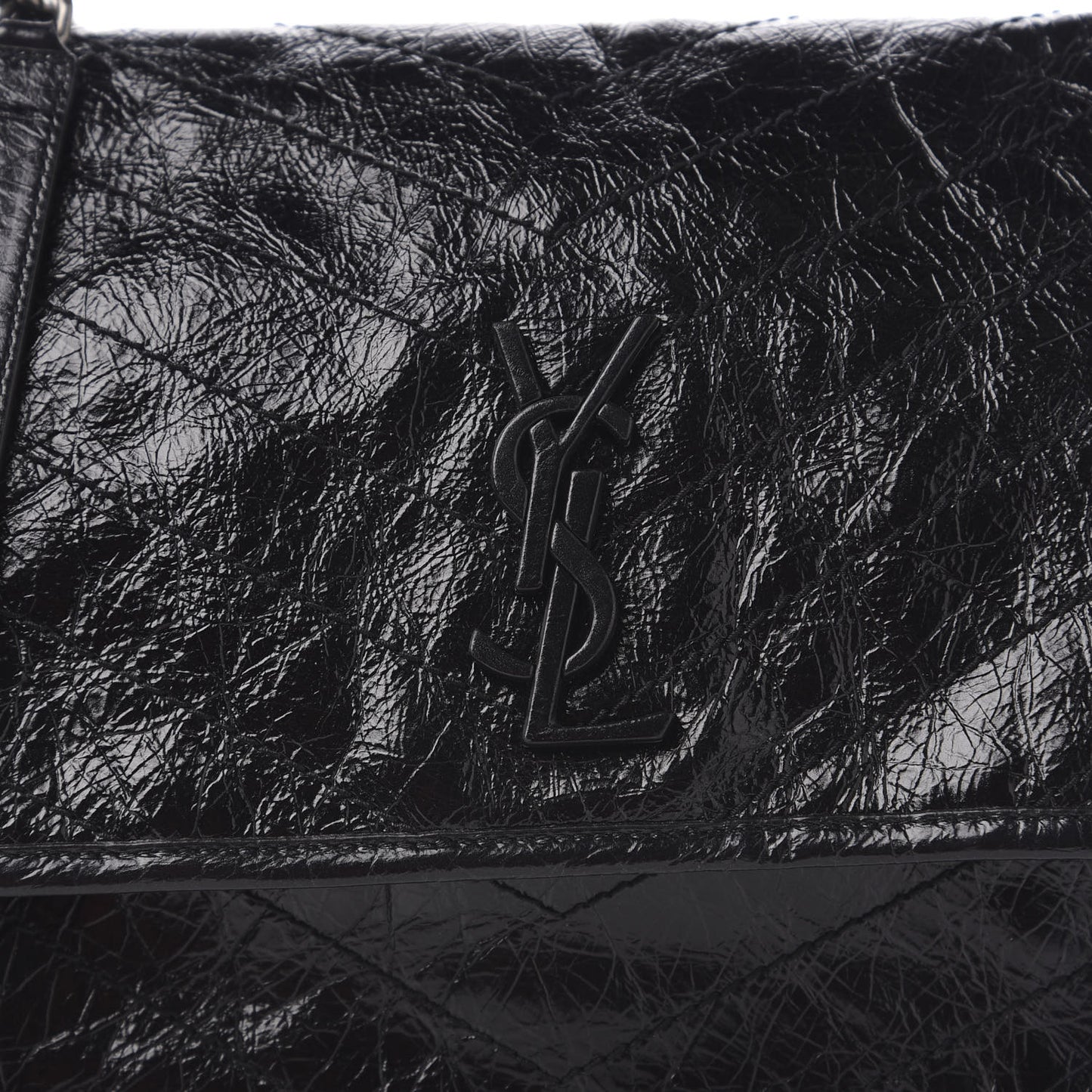 Crinkled Calfskin Matelasse Monogram Medium Niki Chain Satchel Black