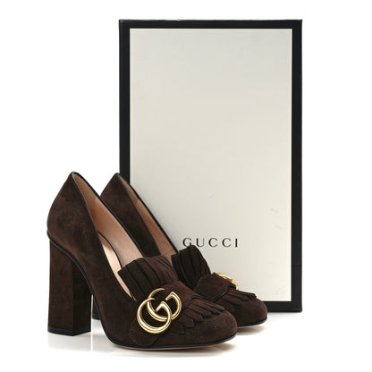 Gucci Kid Scamosciato GG Marmont Fringe 105mm Loafer Pumps 34 Cocoa 8 of 8