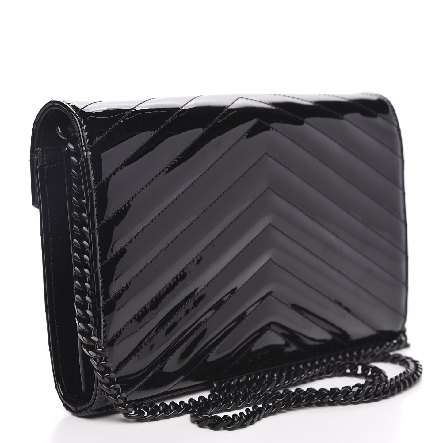 Patent Matelasse Chevron Monogram Chain Wallet Black
