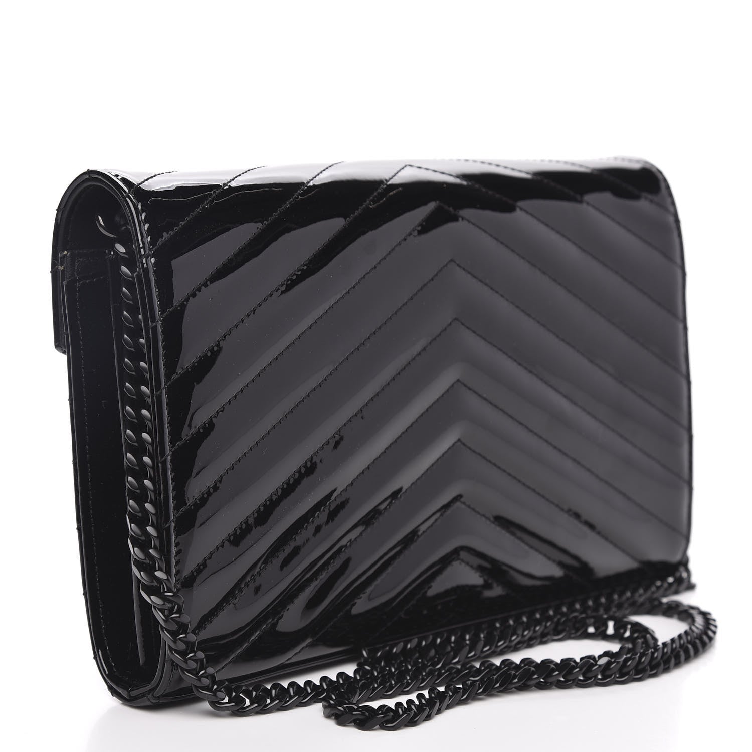Saint Laurent Patent Matelasse Chevron Monogram Chain Wallet Black 3 of 9