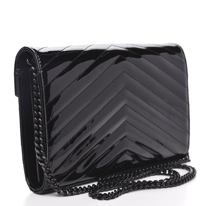 Saint Laurent Patent Matelasse Chevron Monogram Chain Wallet Black 3 of 9