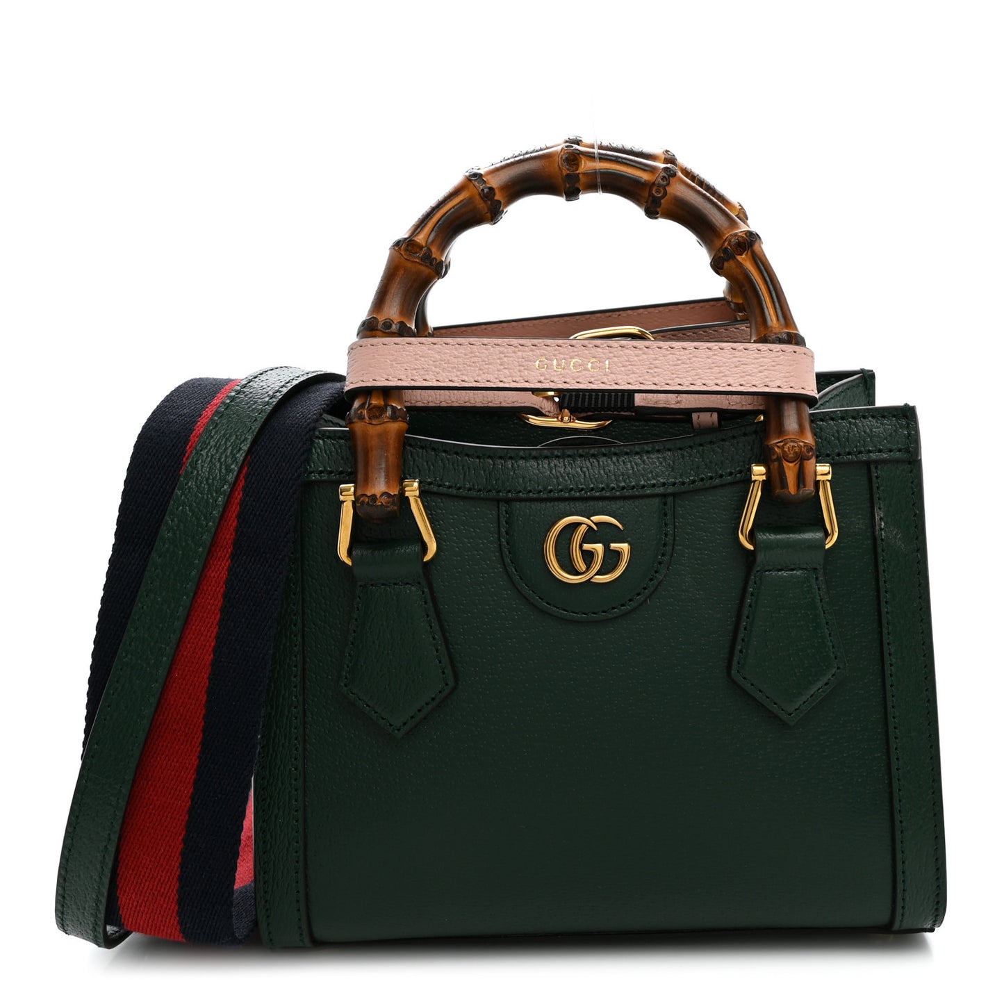 Textured Dollar Calfskin Web Mini Diana Tote Bag Vintage Green Pink