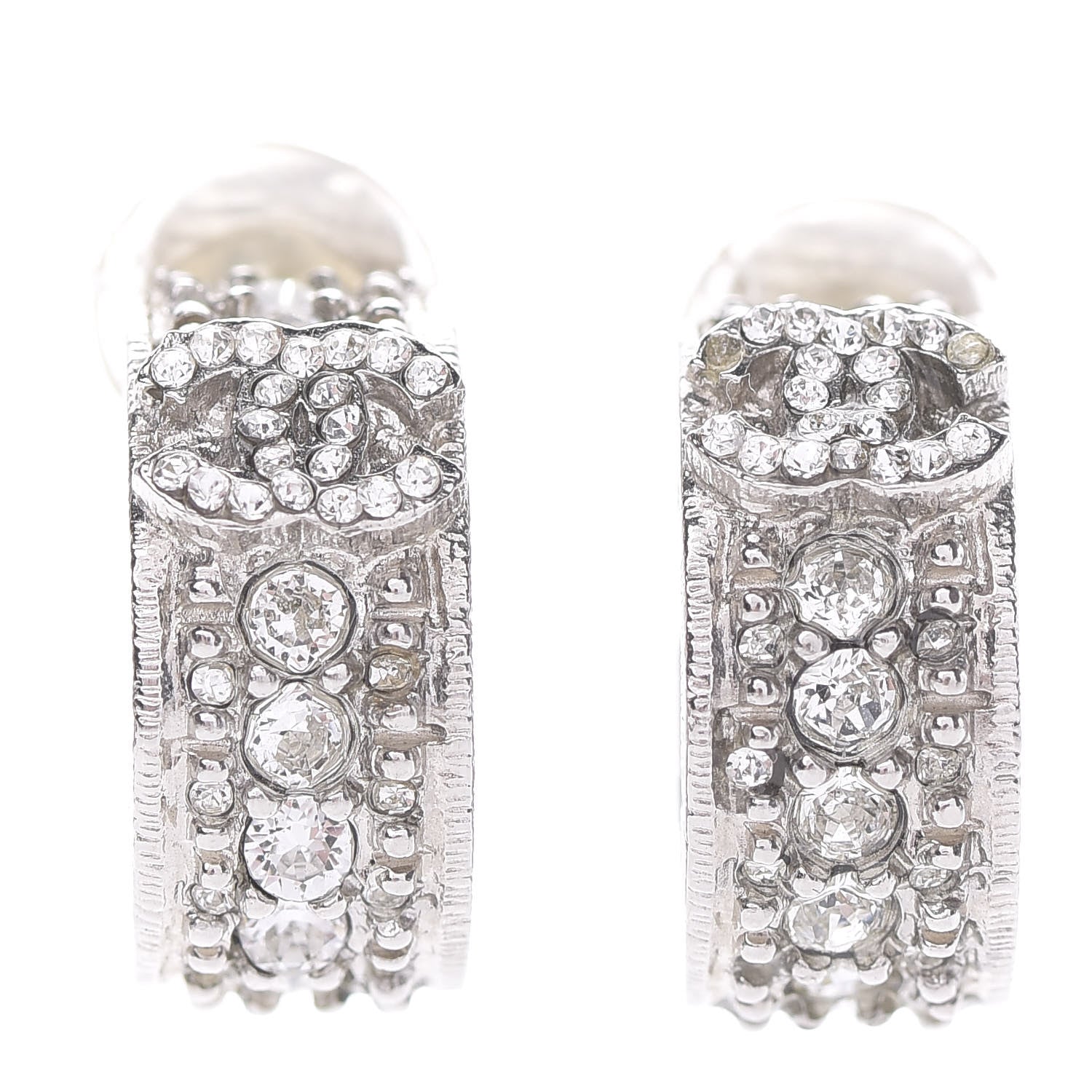 Chanel Crystal CC Hoop Clip On Earrings Silver 1 of 6