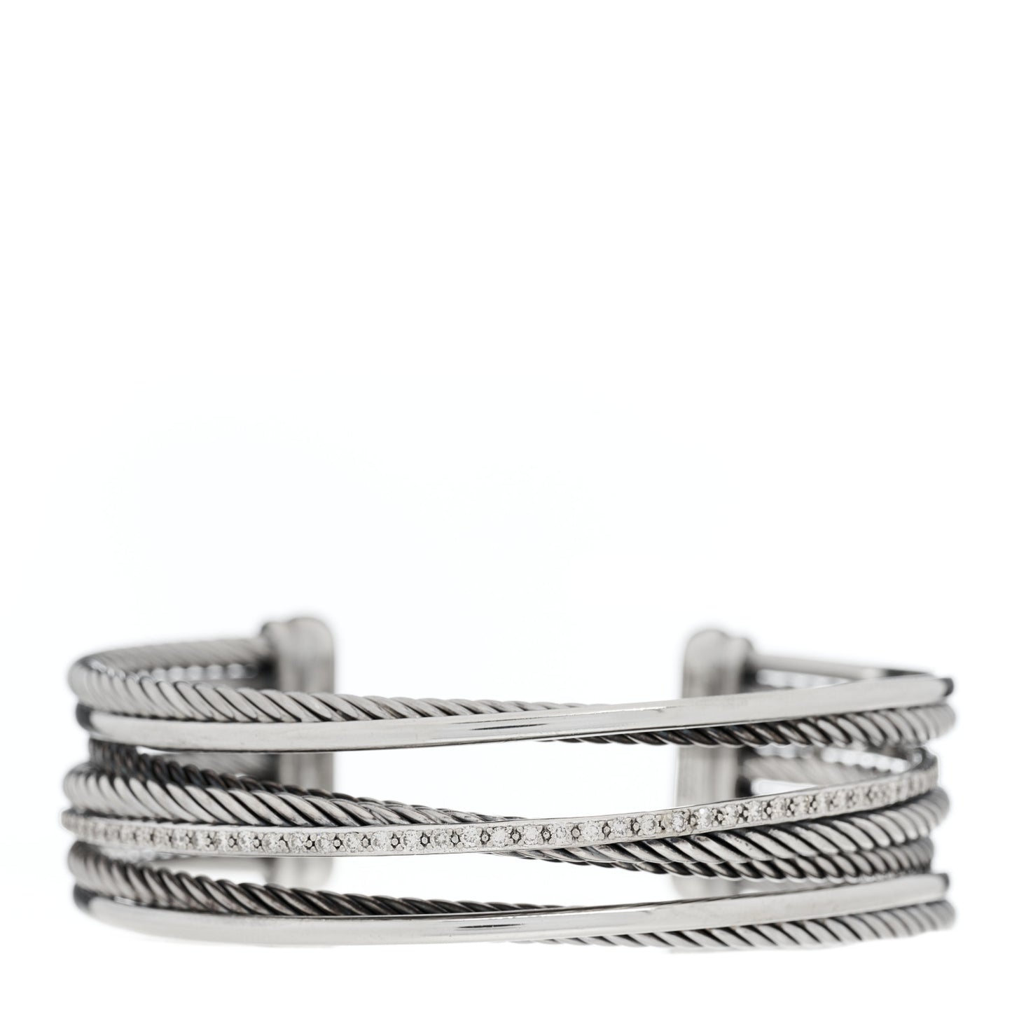 Sterling Silver 14K White Gold Diamond Crossover Four Row Cuff Bracelet