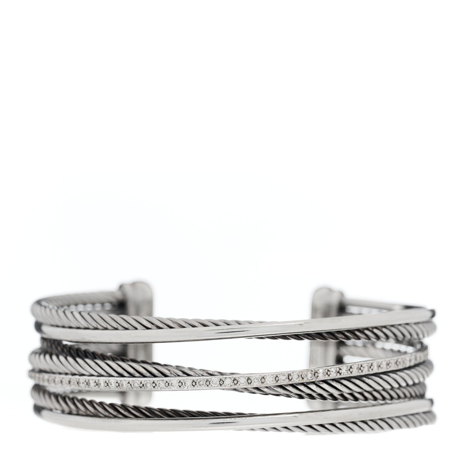 David Yurman Sterling Silver 14K White Gold Diamond Crossover Four Row Cuff Bracelet 1 of 3