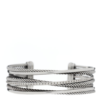 David Yurman Sterling Silver 14K White Gold Diamond Crossover Four Row Cuff Bracelet 1 of 3