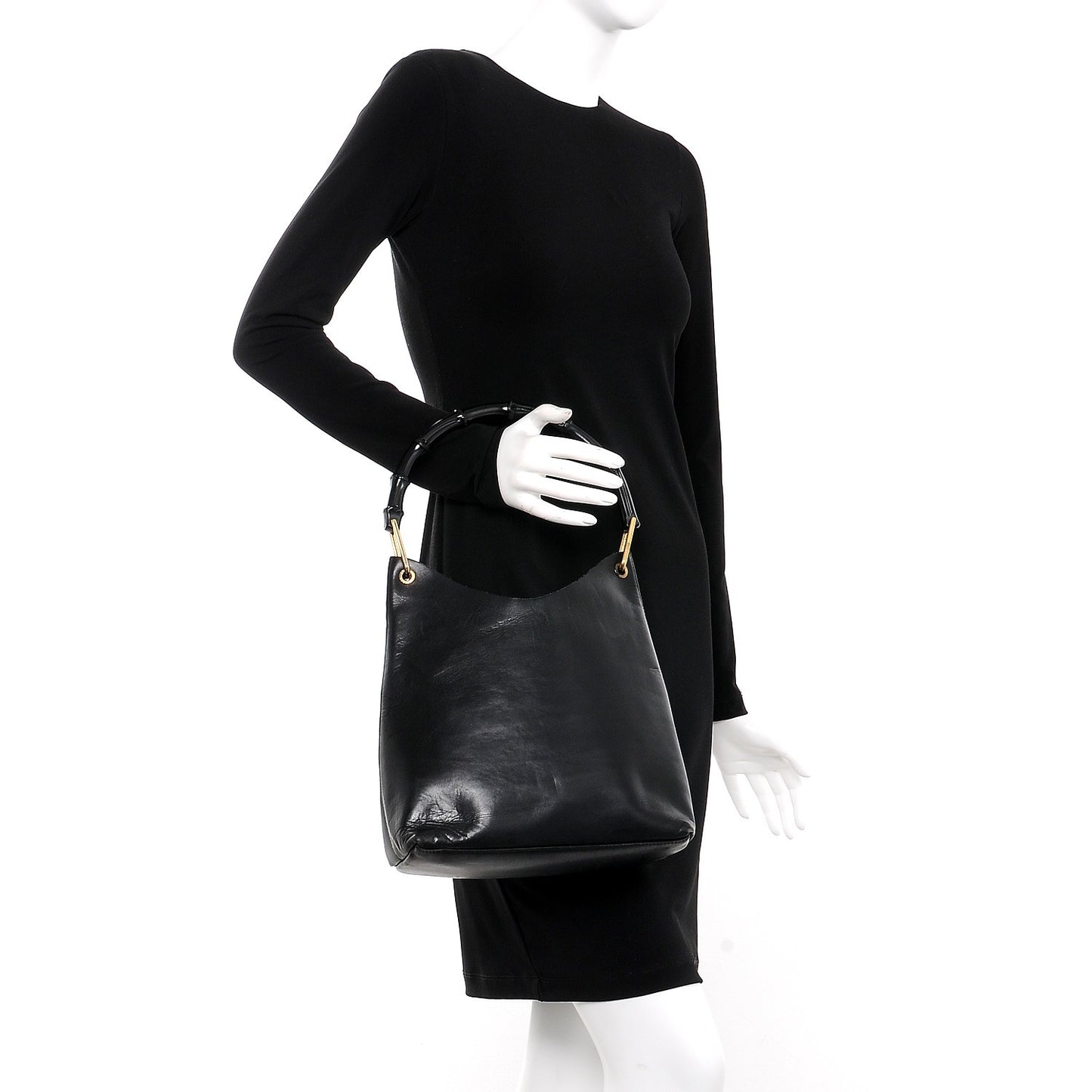 Leather Bamboo Handle Shoulder Bag Black