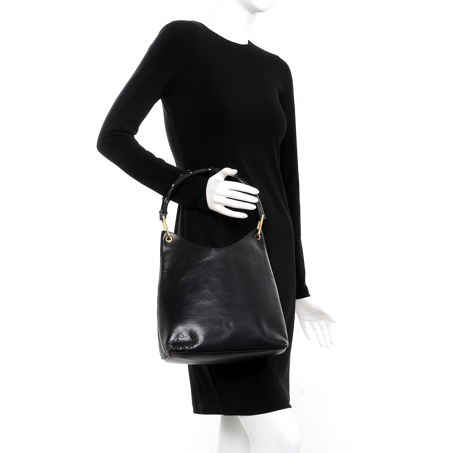 Gucci Leather Bamboo Handle Shoulder Bag Black 2 of 10