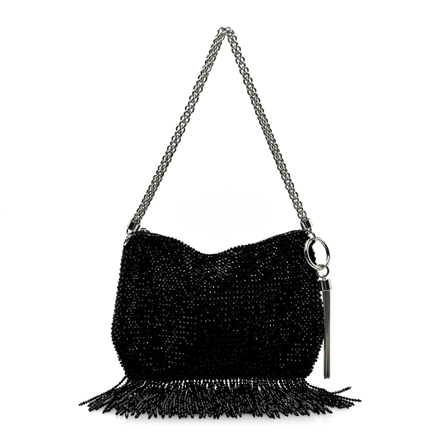Satin Bead Embellished Callie Fringe Tassel Chain Evening Bag Black