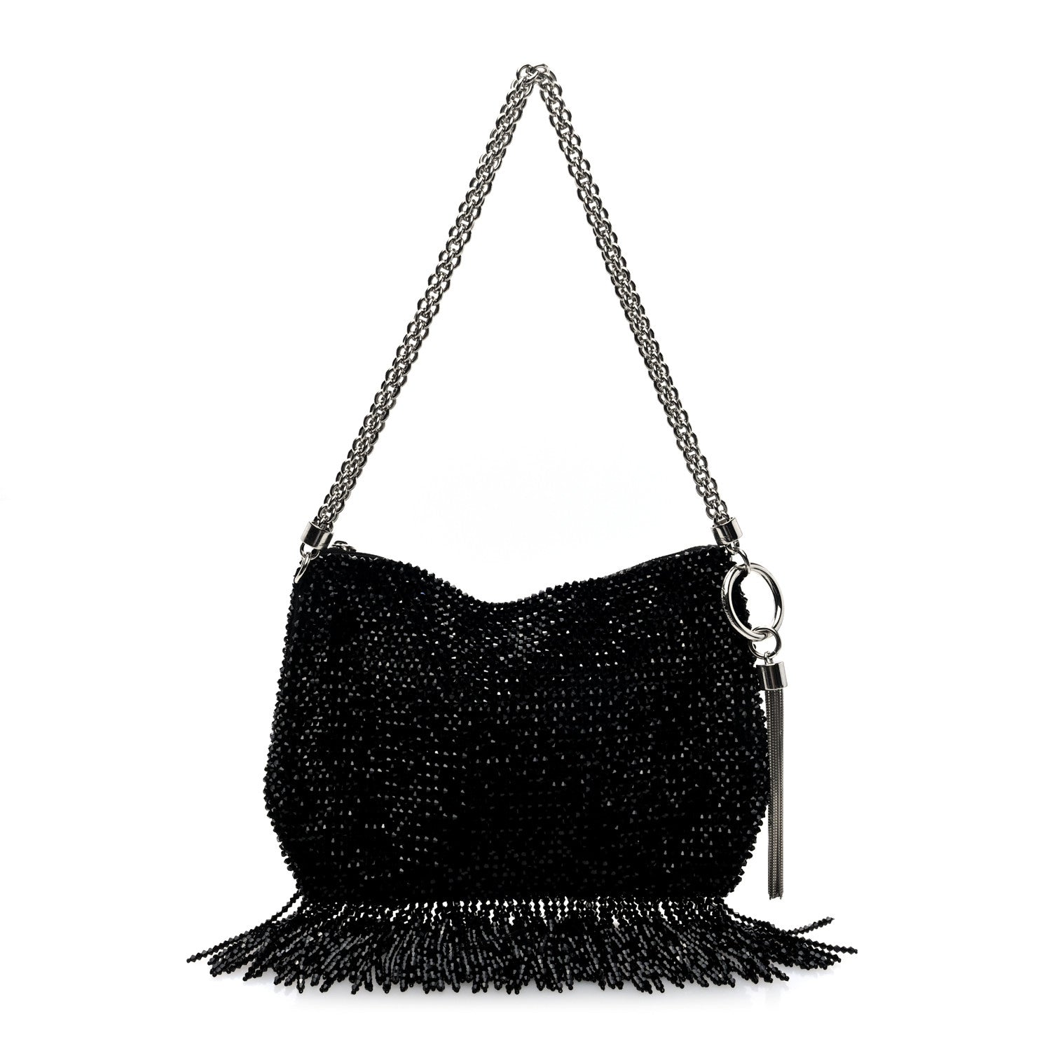 Jimmy Choo Satin Bead Embellished Callie Fringe Tassel Chain Evening Bag Black 1 of 9