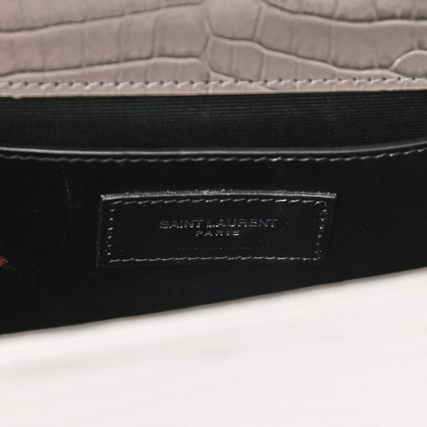Saint Laurent Calfskin Crocodile Embossed Medium Classic Monogram Kate Tassel Satchel Earth Grey 6 of 9