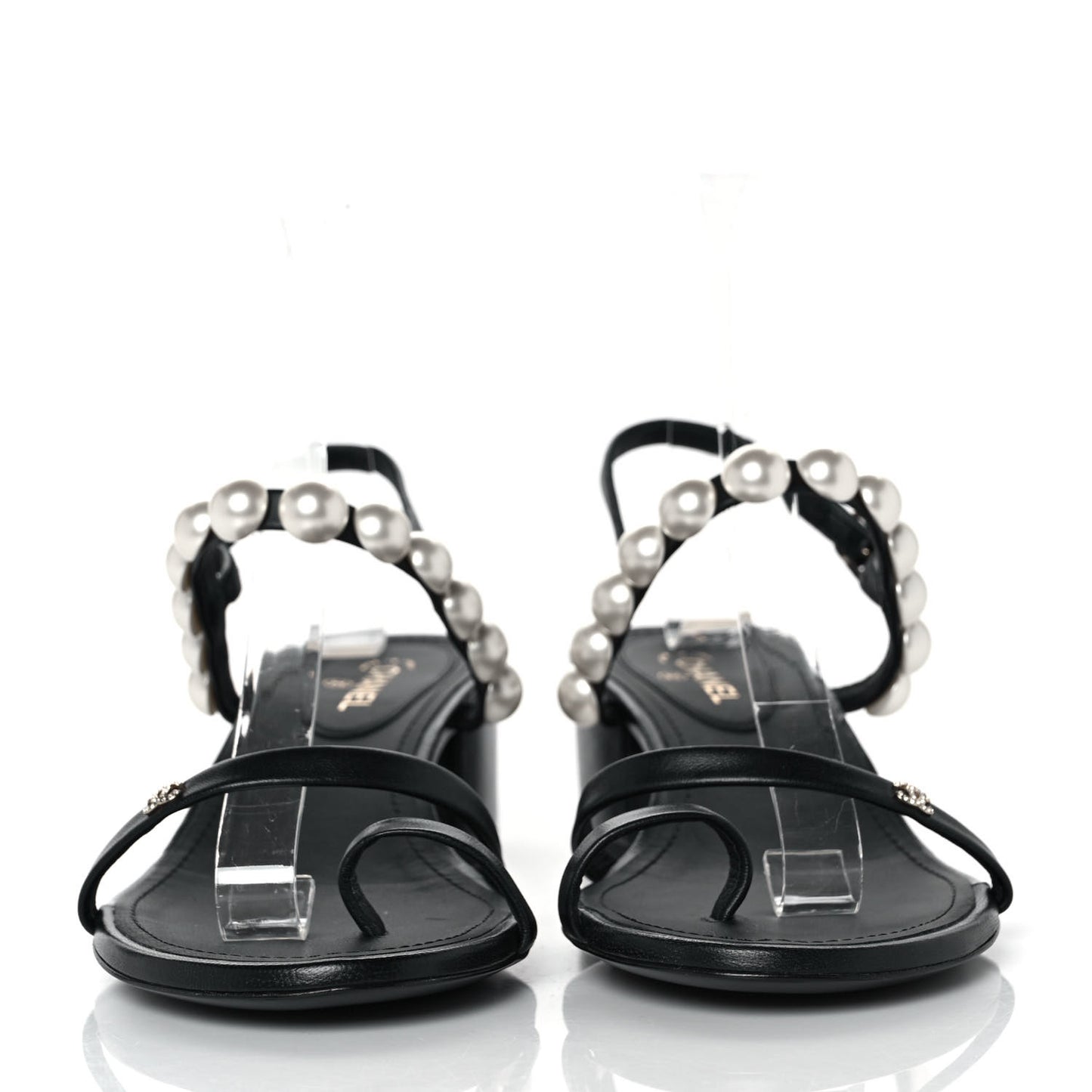 Lambskin Pearl Toe Ring Slingback Sandals 38 Black