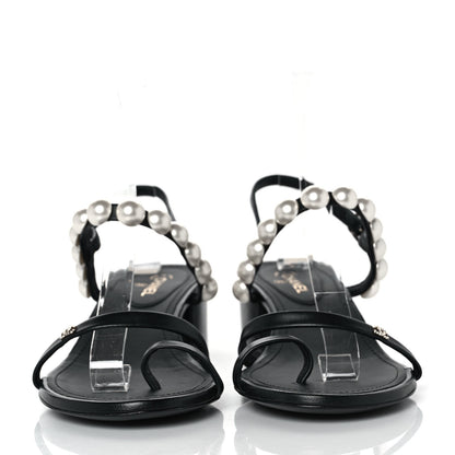 Chanel Lambskin Pearl Toe Ring Slingback Sandals 38 Black 2 of 7