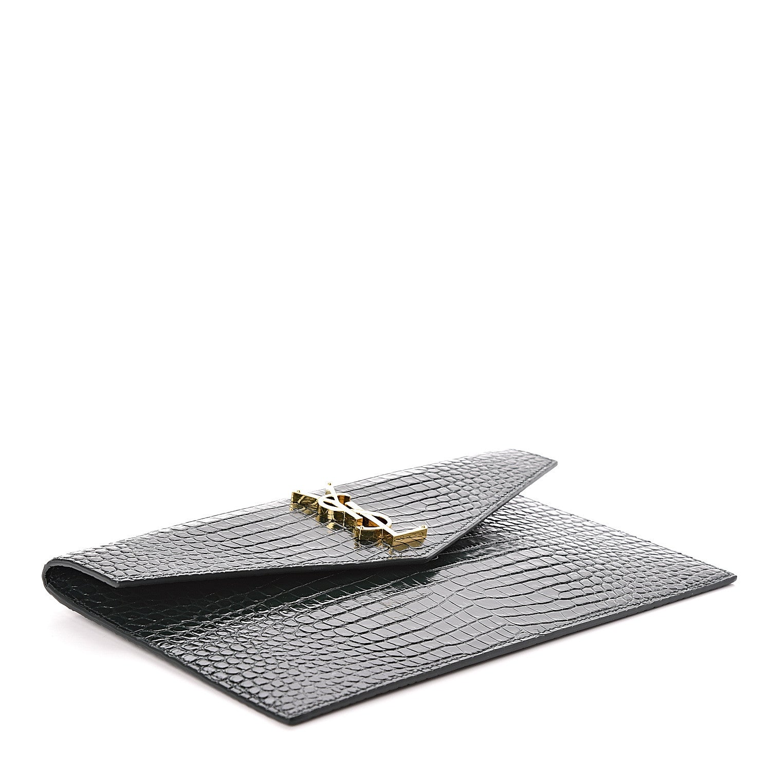 Saint Laurent Calfskin Crocodile Embossed Uptown Monogram Clutch Dark Green 4 of 7