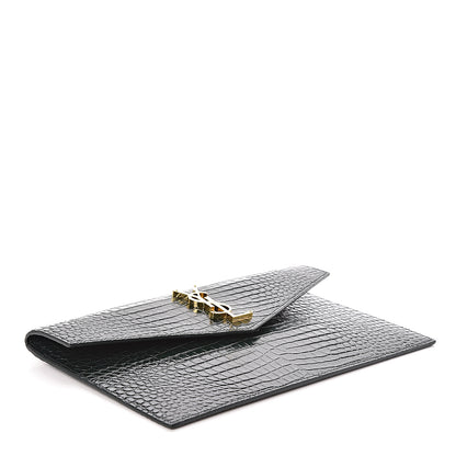 Saint Laurent Calfskin Crocodile Embossed Uptown Monogram Clutch Dark Green 4 of 7
