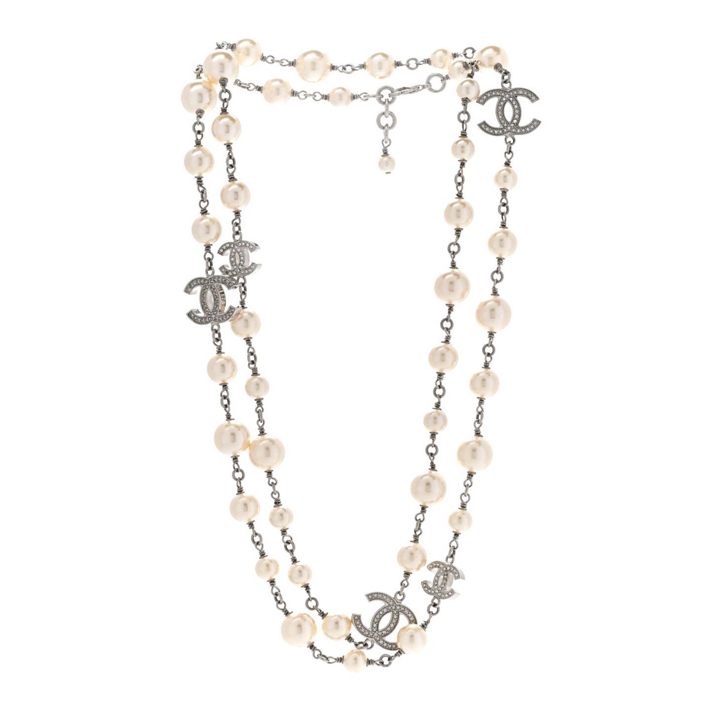 Graduated Pearl Crystal CC Long Necklace Silver