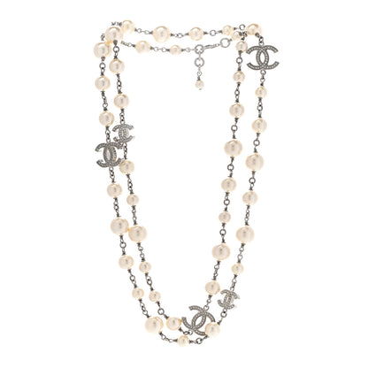 Chanel Graduated Pearl Crystal CC Long Necklace Silver 3 of 8