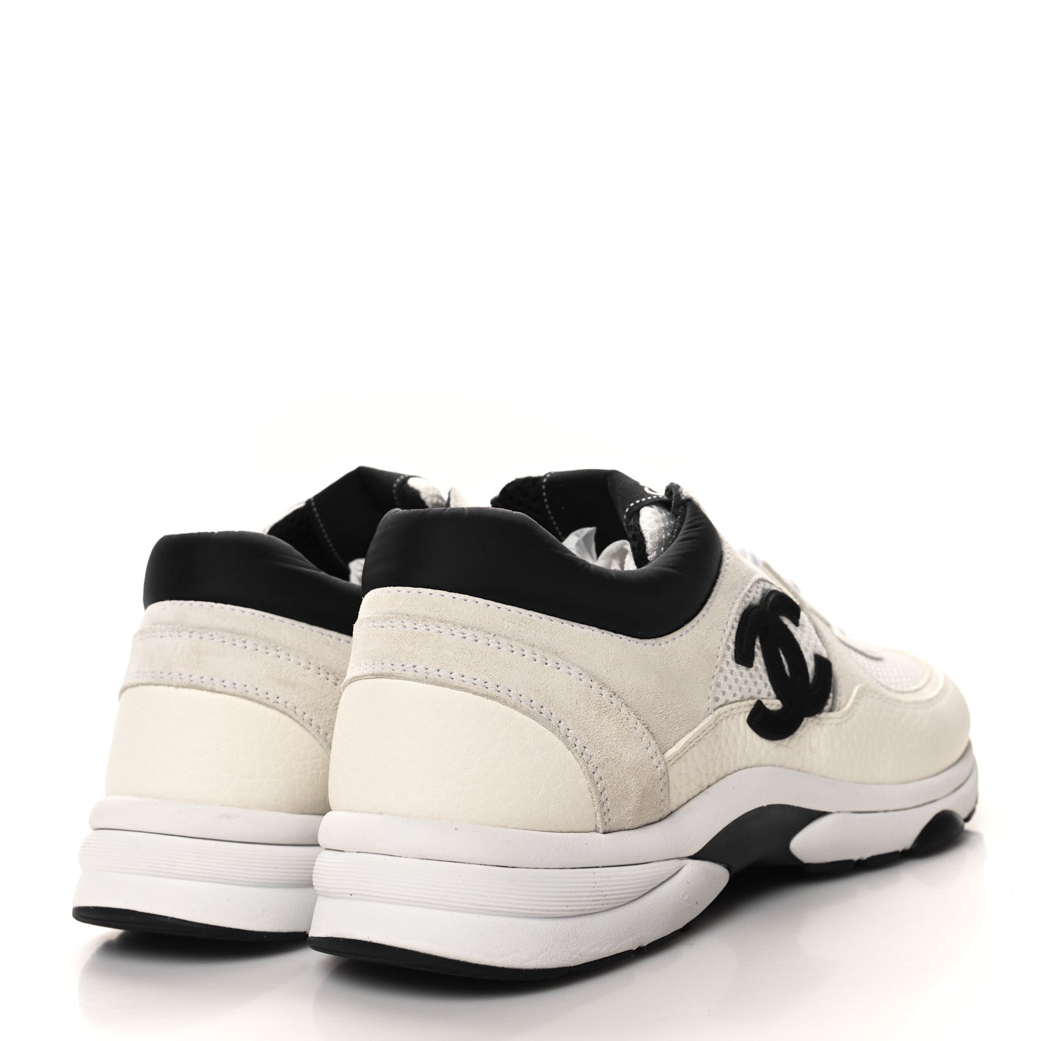Chanel Mesh Suede Calfskin Grained Calfskin Womens CC Sneakers 39.5 White Black 4 of 8