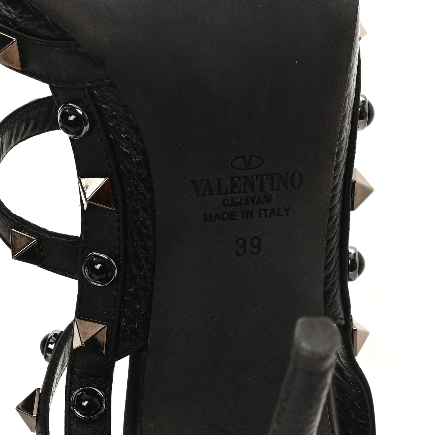 Pebbled Calfskin Onyx Rockstud Rolling Ankle Strap 100mm Pumps 39 Black