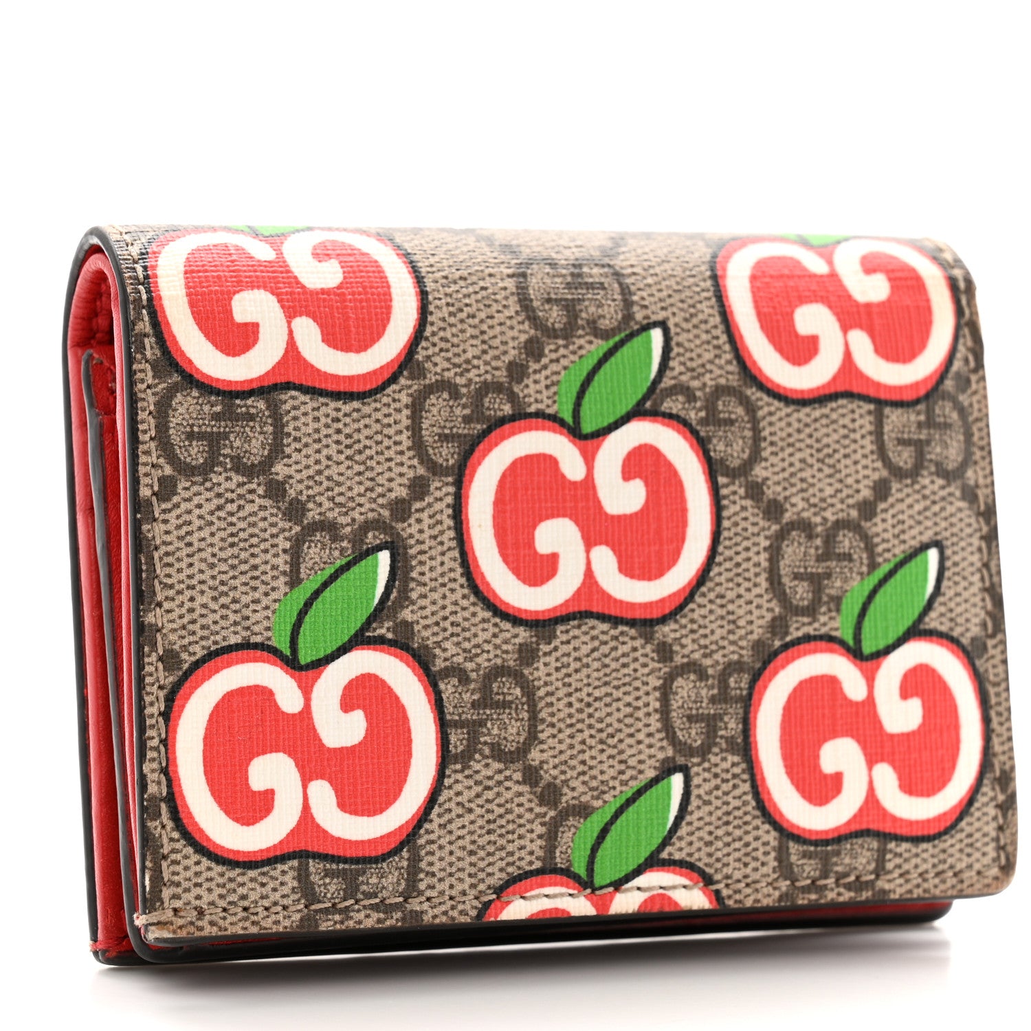 Gucci GG Supreme Monogram Apple Card Case Wallet Beige Multicolor Lobster Red 3 of 11