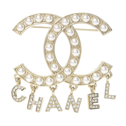 Chanel Crystal Pearl Signature Drop Brooch Gold 1 of 3