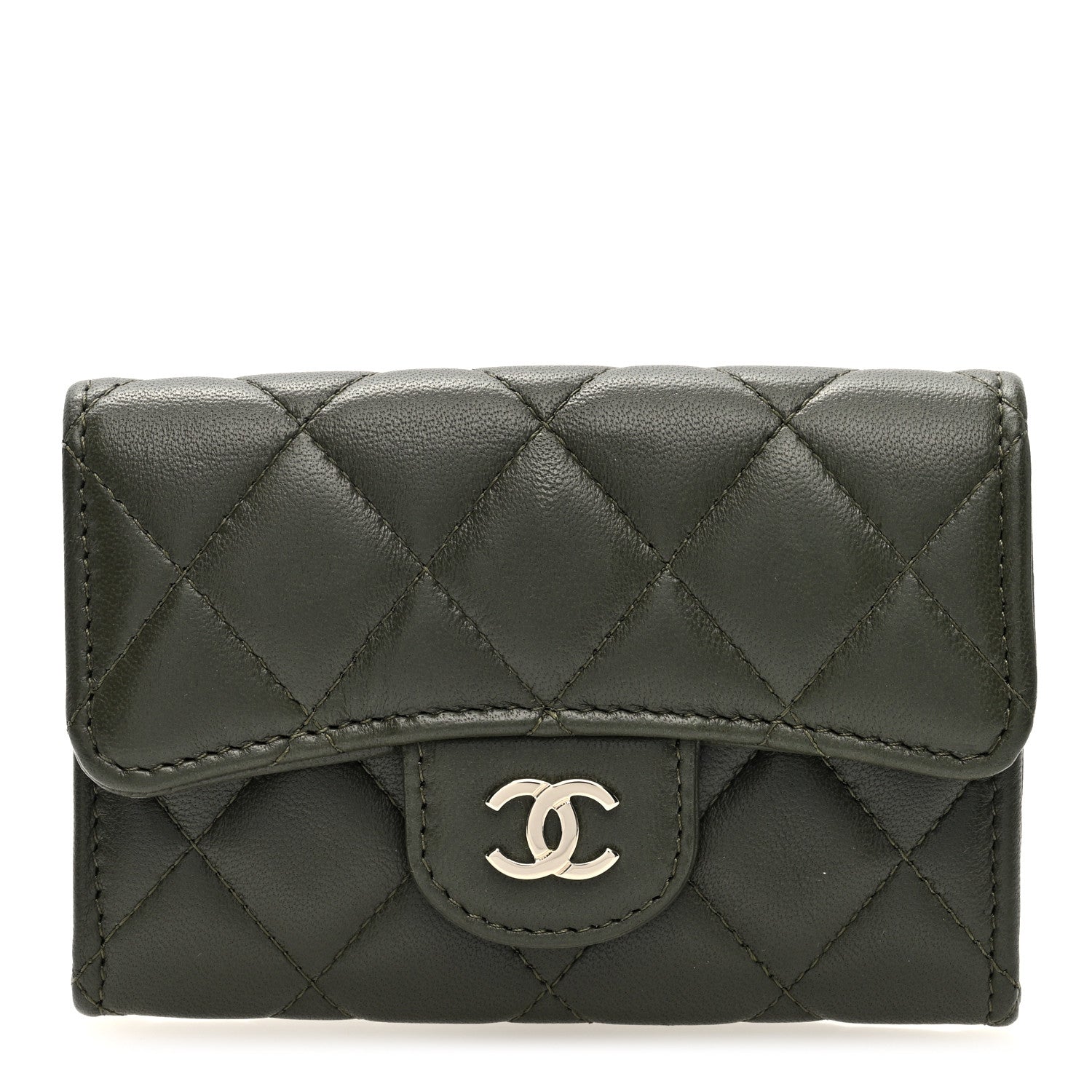 Chanel Lambskin Quilted Flap Card Holder Wallet Khaki 1 of 8