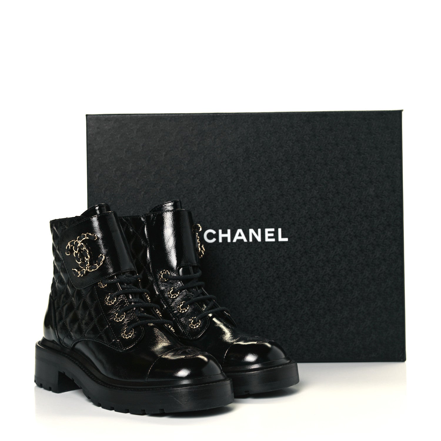 Chanel Shiny Calfskin Quilted Lace Up Combat Boots 37 Black 10 of 10