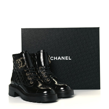 Chanel Shiny Calfskin Quilted Lace Up Combat Boots 37 Black 10 of 10