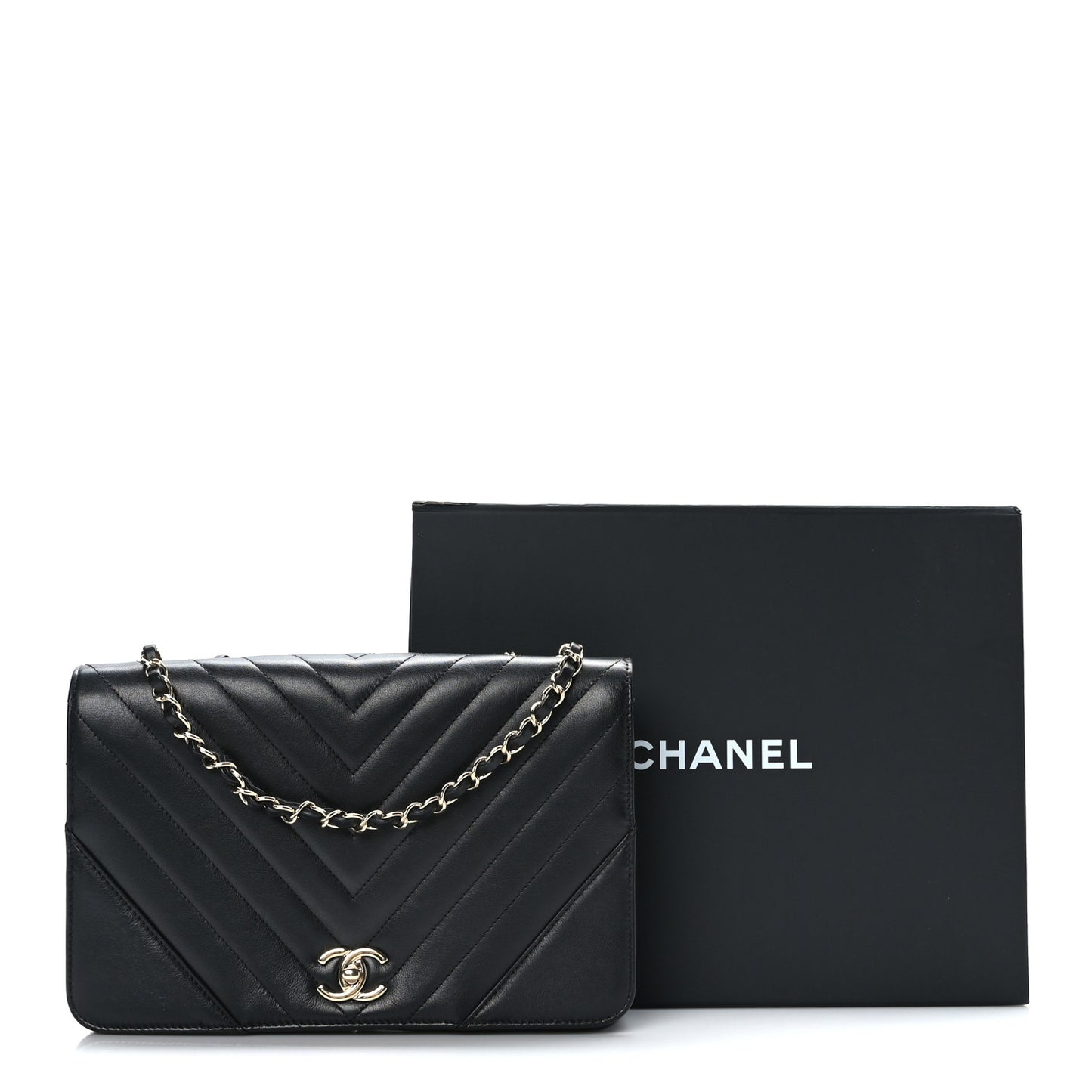 Calfskin Chevron Quilted Large Statement Flap Black
