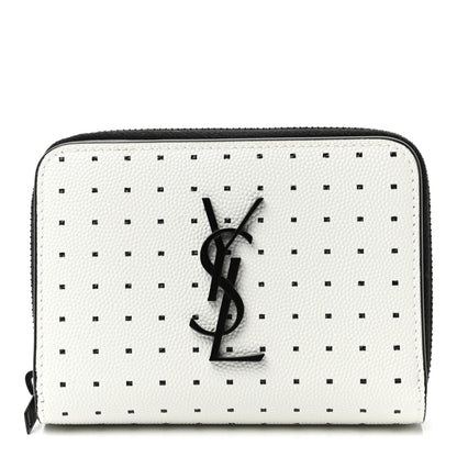 Saint Laurent Grain De Poudre Matelasse Dotted Squares Monogram Compact Zip Around Wallet White Black 1 of 7