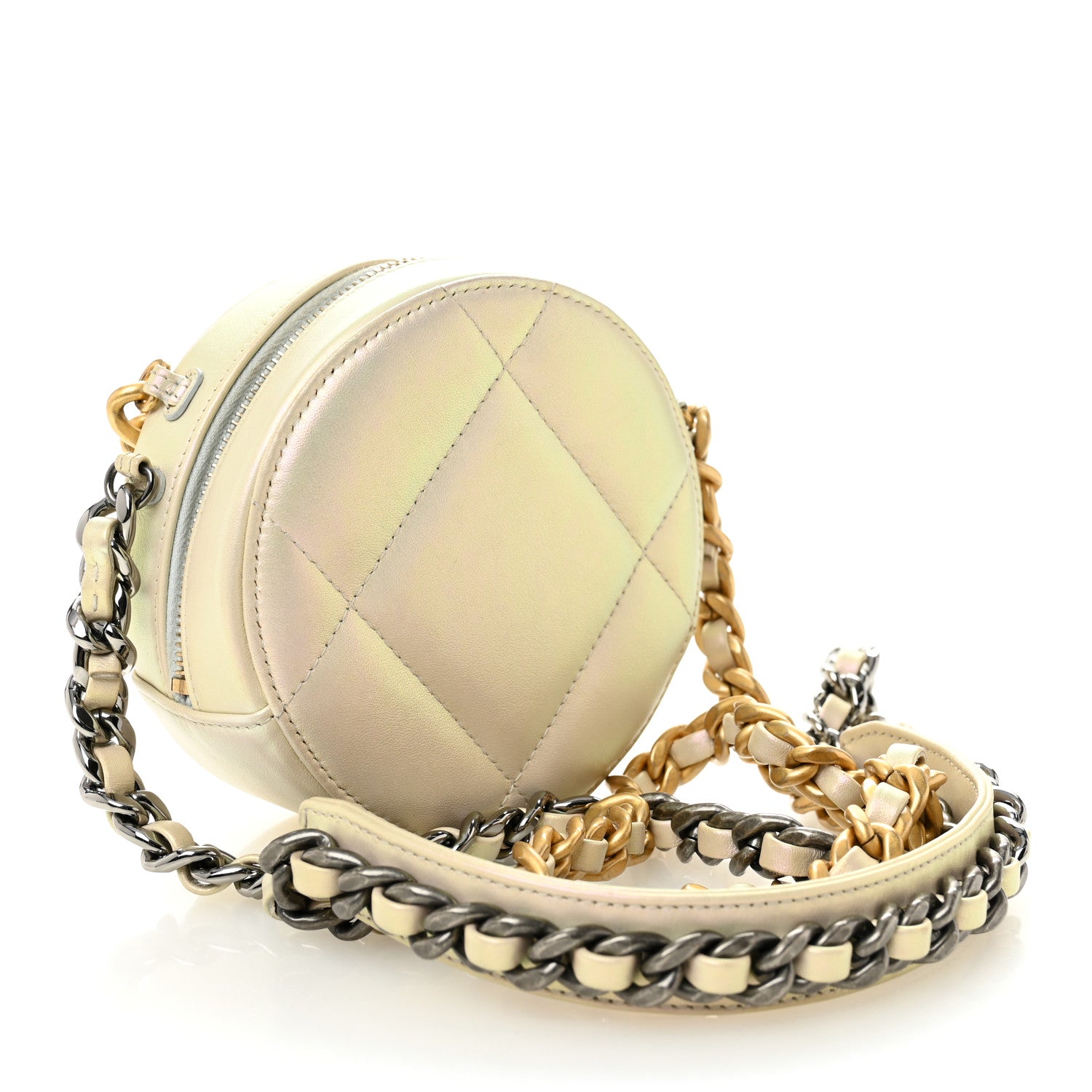 Chanel Iridescent Calfskin Quilted Chanel 19 Round Clutch With Chain White 3 of 10