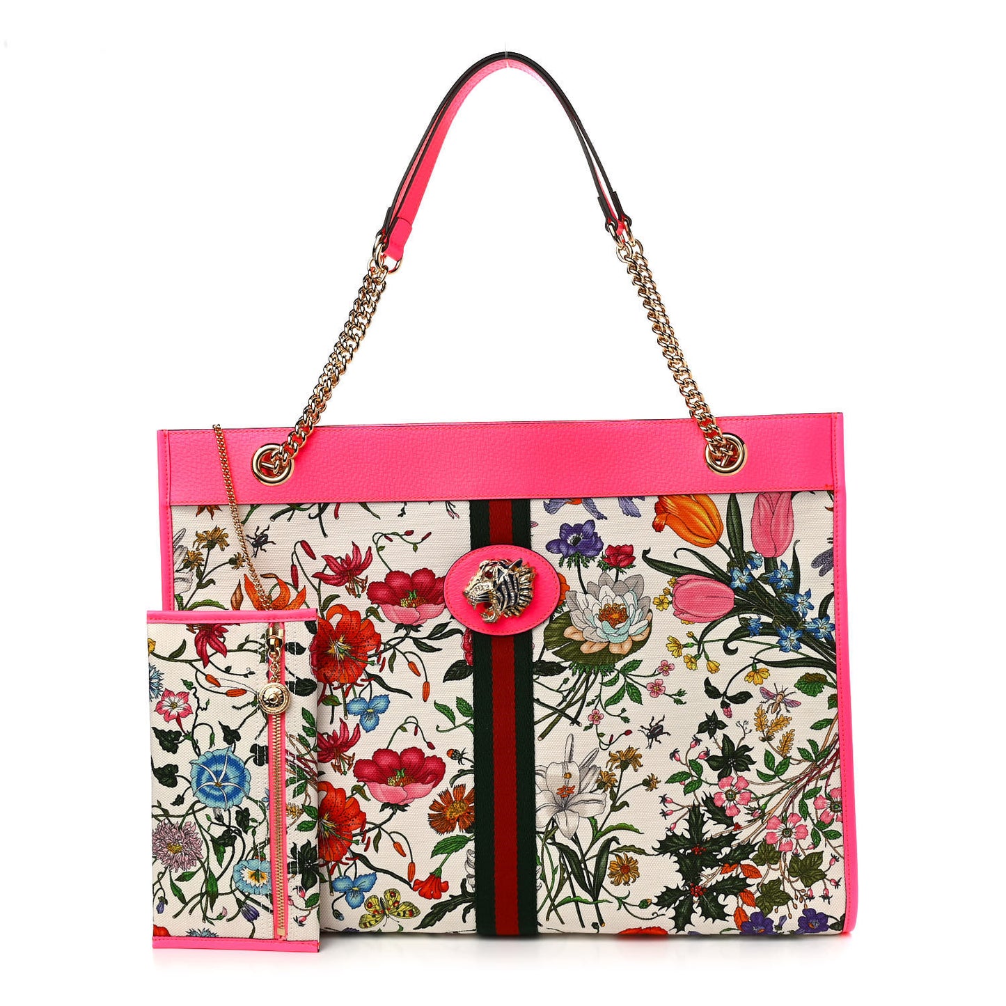 Canvas Flora Large Rajah Chain Tote White Multicolor Fuxia Fluo