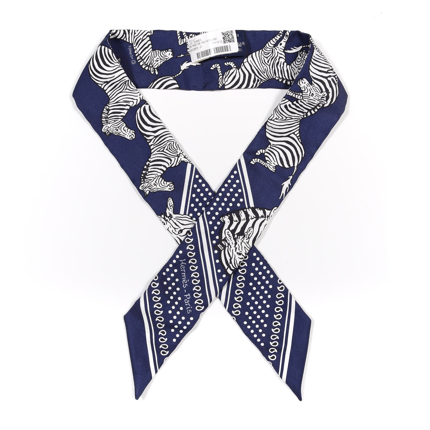 Hermes Silk Les Zebres Twilly Gris Marine Black White 1 of 4