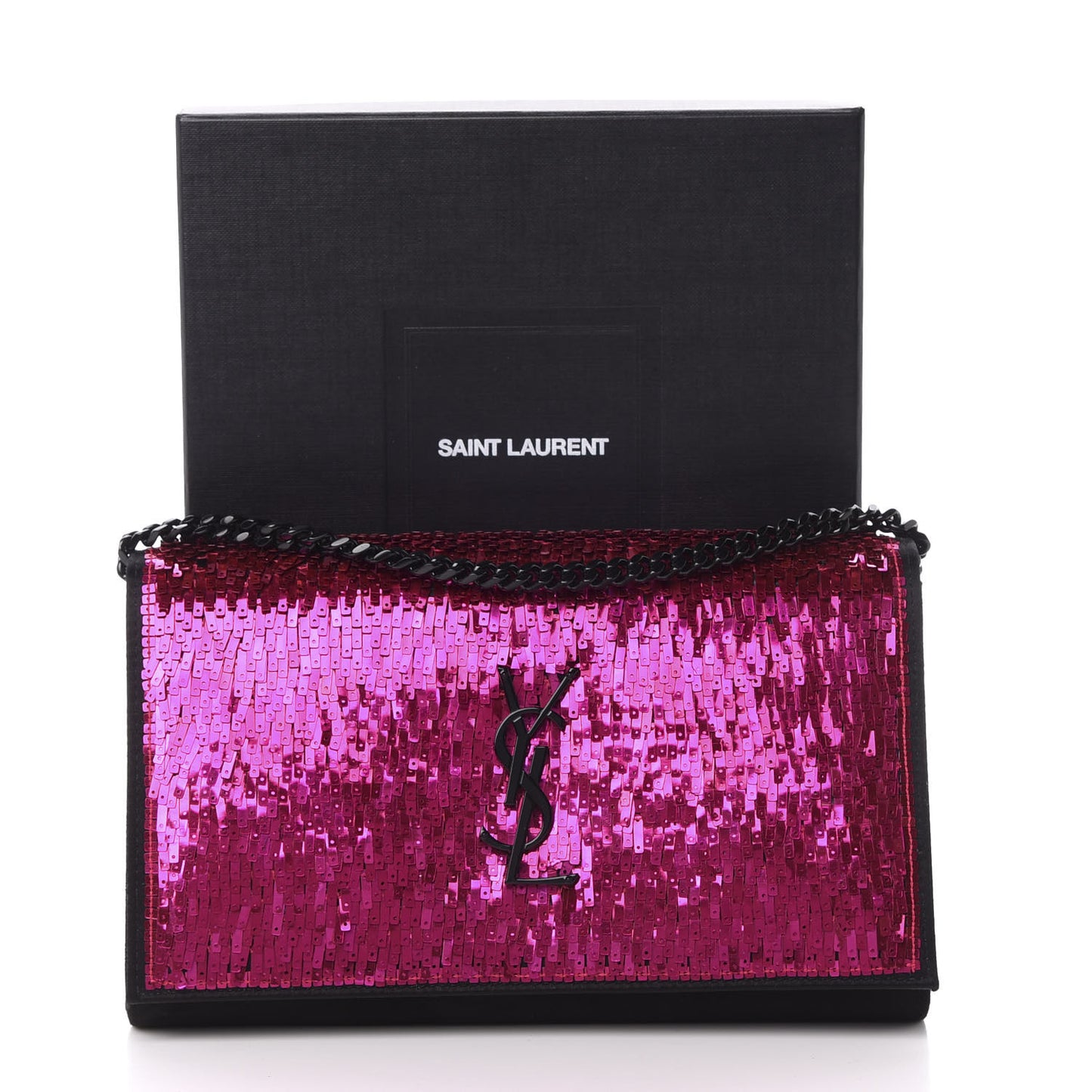 Sequin Suede Monogram Chain Wallet Fuchsia Black