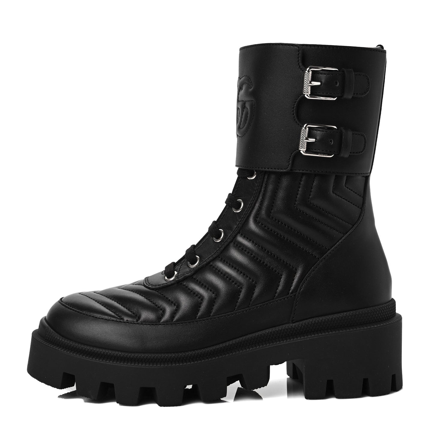 Nappa Frances GG Matelasse Platform Combat Boots 35.5 Black