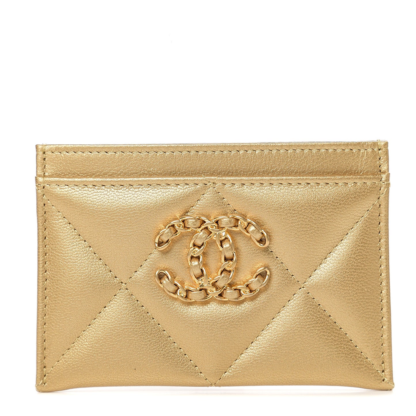 Metallic Goatskin Quilted Chanel 19 Card Holder Gold