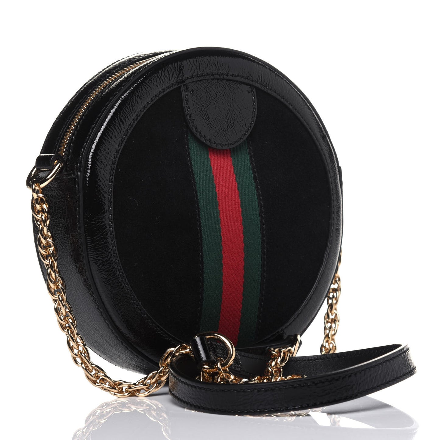Suede Patent Web Mini Ophidia Round Shoulder Bag Black