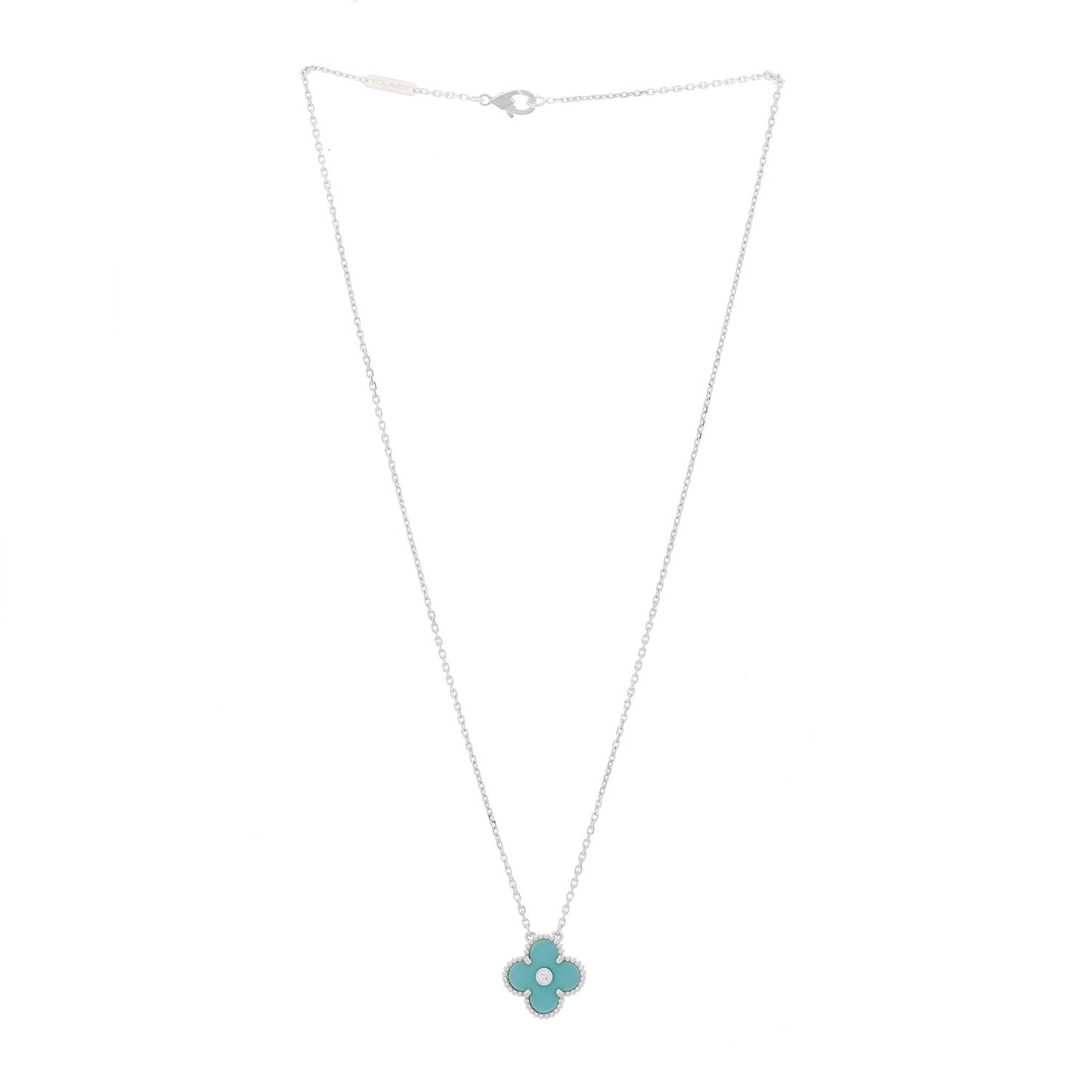 18K White Gold Diamond Celadon Green Sevres Porcelain Vintage Alhambra Pendant Necklace