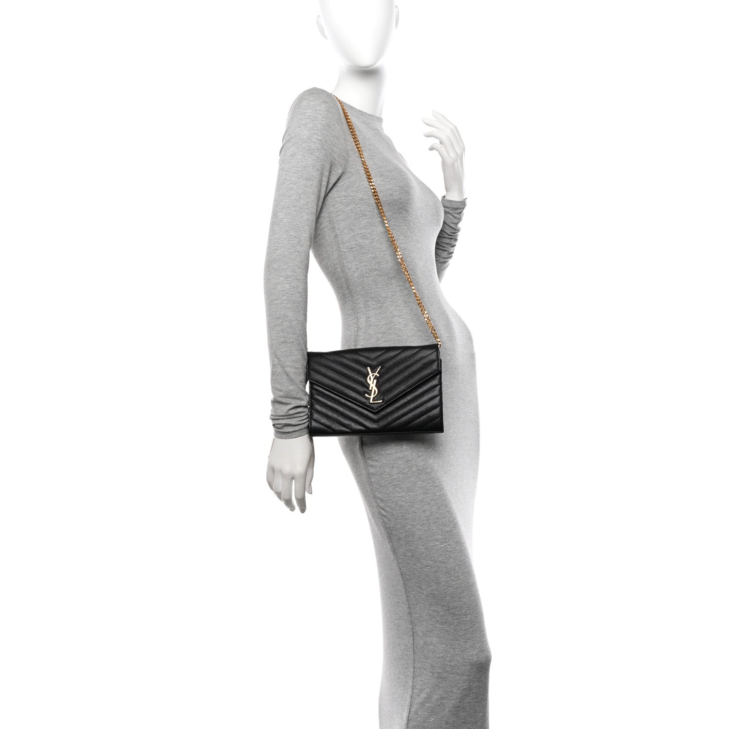 Saint Laurent Grain De Poudre Matelasse Chevron Monogram Chain Wallet Black 3 of 9