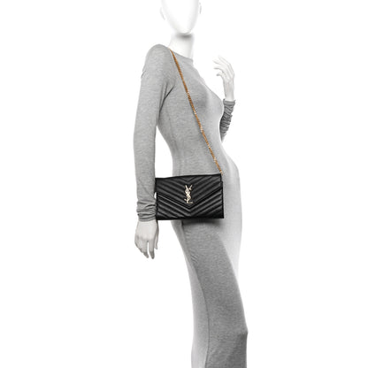 Saint Laurent Grain De Poudre Matelasse Chevron Monogram Chain Wallet Black 3 of 9