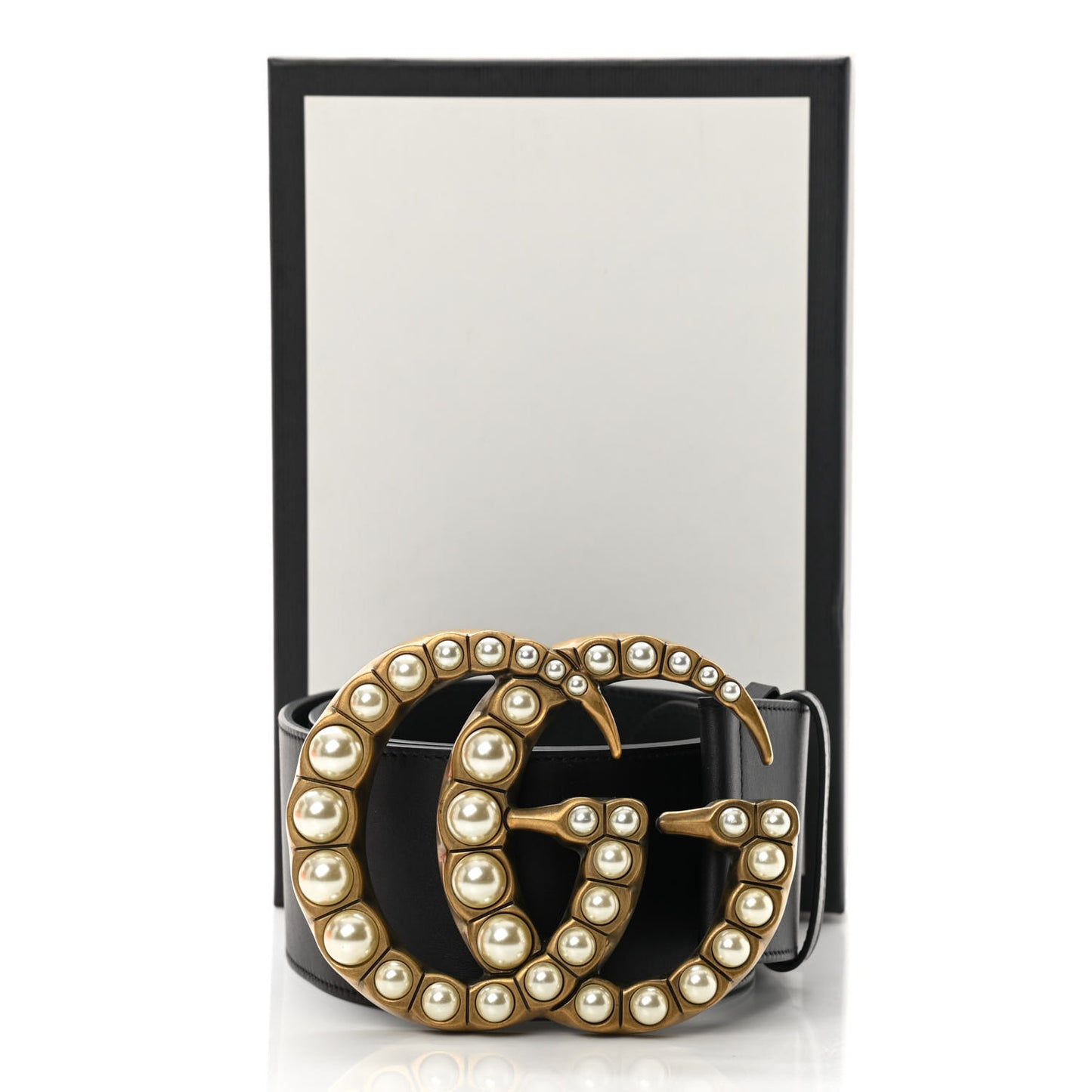 Moon Calfskin Pearl Double G 70mm Belt 90 36 Black Cream