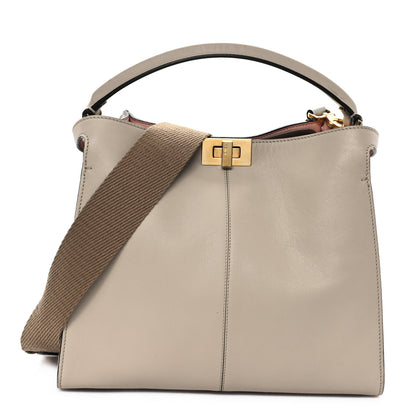 Fendi Vitello Seta Glazed Fabric FF 1974 Medium Peekaboo X-Lite Nuvola Mogano Panna 1 of 11