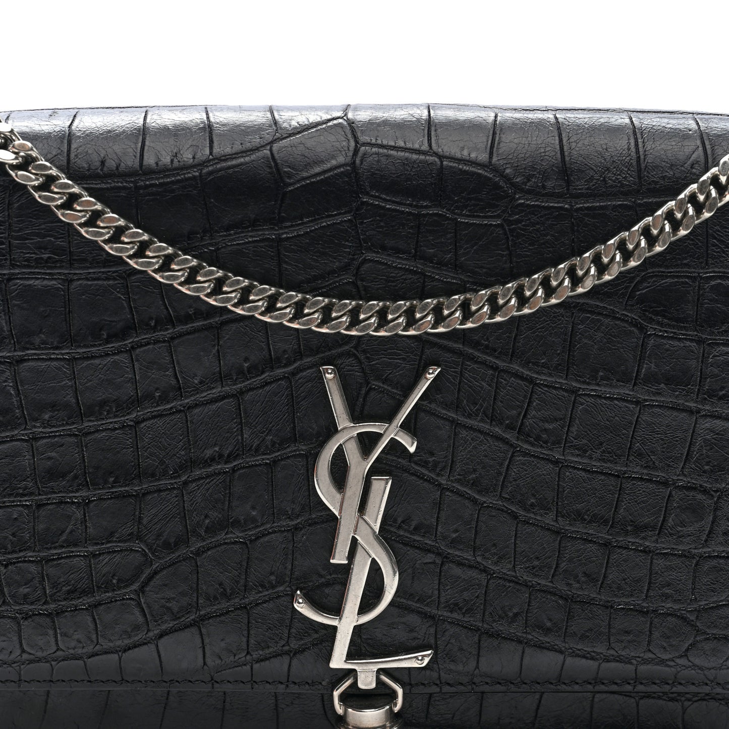 Calfskin Crocodile Embossed Medium Classic Monogram Kate Tassel Satchel Black