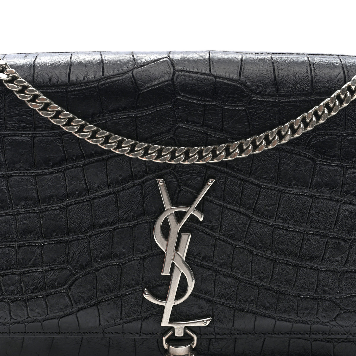 Saint Laurent Calfskin Crocodile Embossed Medium Classic Monogram Kate Tassel Satchel Black 7 of 9