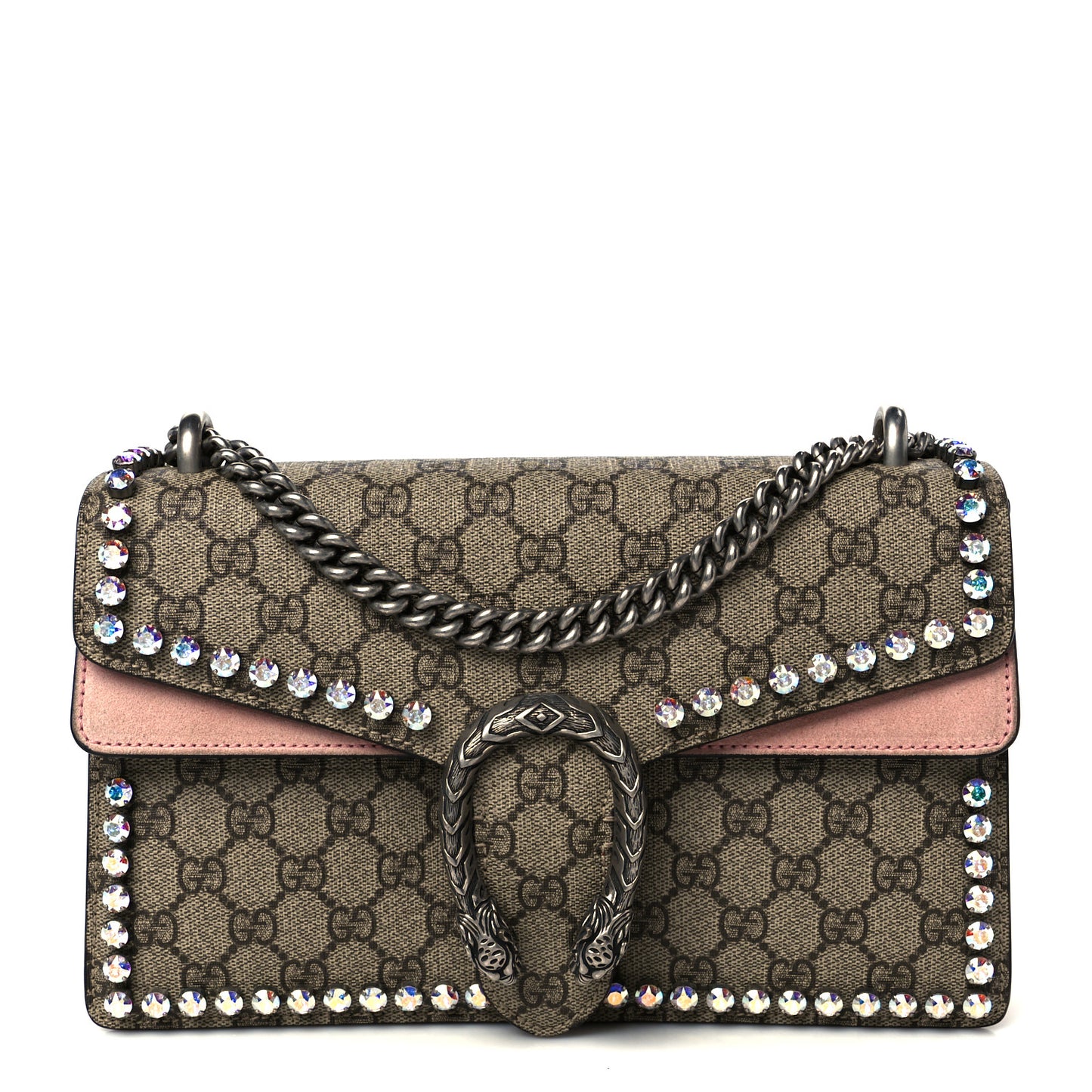 GG Supreme Monogram Suede Crystal Small Dionysus Shoulder Bag Beige Ebony Light Peonia