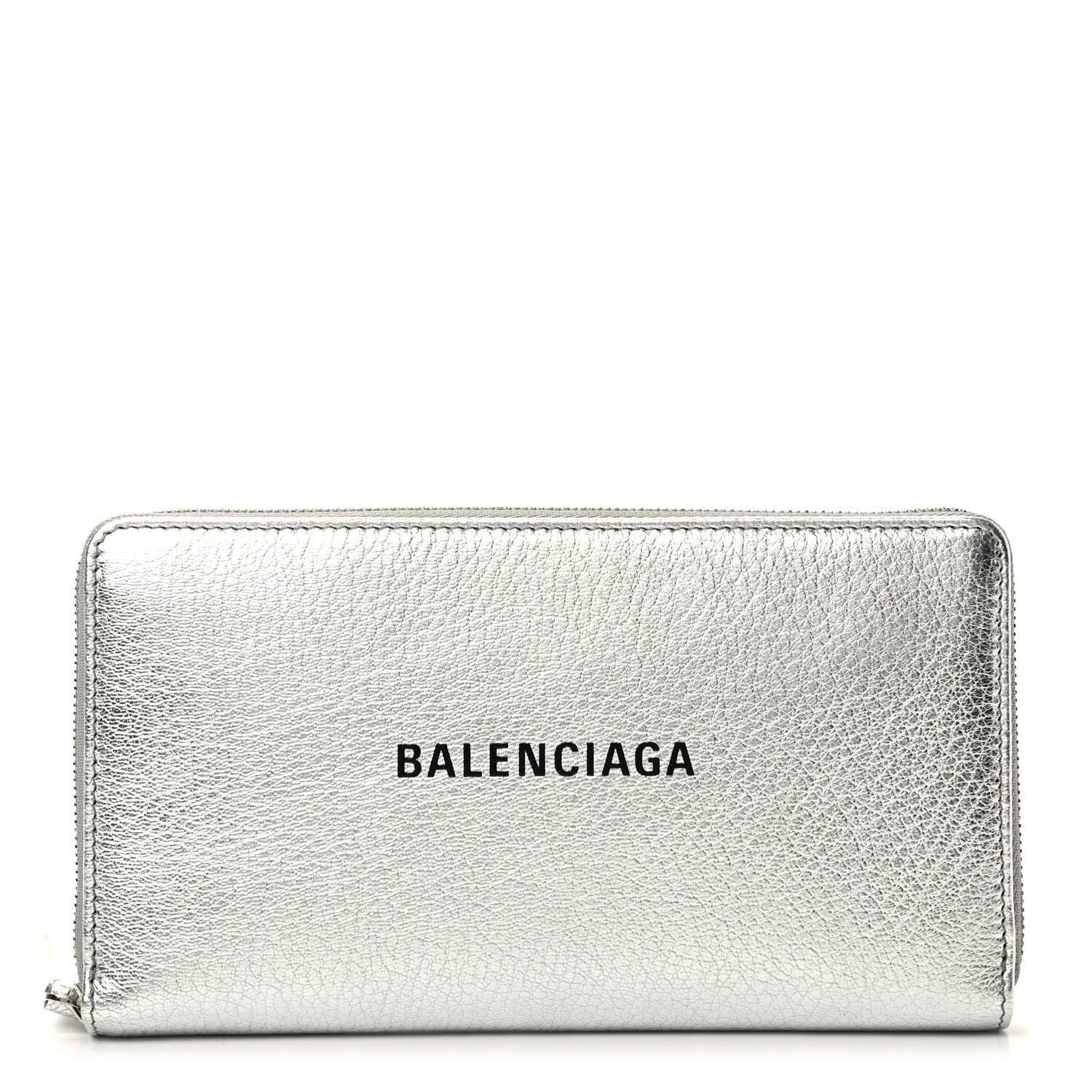 Balenciaga Metallic Goatskin Logo Everyday Continental Zip Around Wallet Argent Black 1 of 8